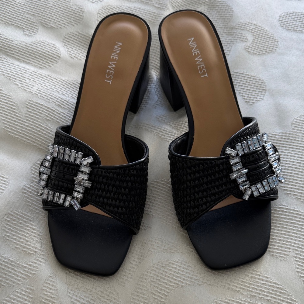 Nine West Black Crystal-Buckle Woven Slides Size 10